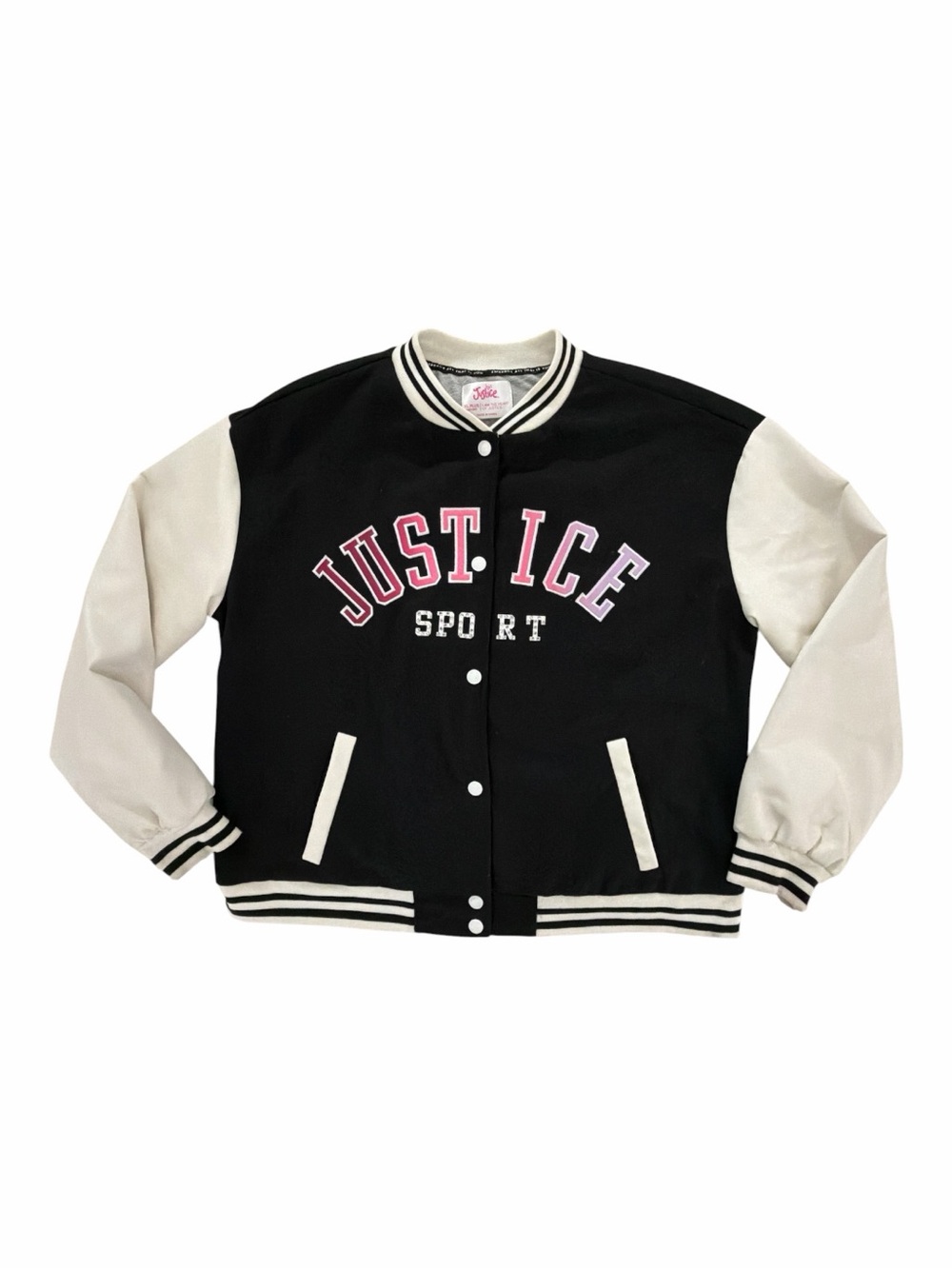 Justice Girls Varsity Bomber Jacket Black White Pink Spellout Y2K Size XL Plus